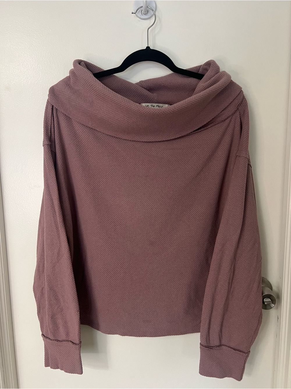 We The Free Waffle Knit Off-Shoulder Sweater - Dusty Mauve Relaxed Fit Cowl Neck